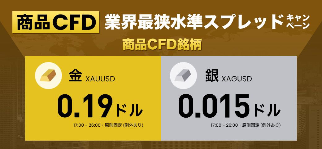 商品CFD【金・銀】業界最狭水準スプレッドキャンペーン開催中！(2023年12月)